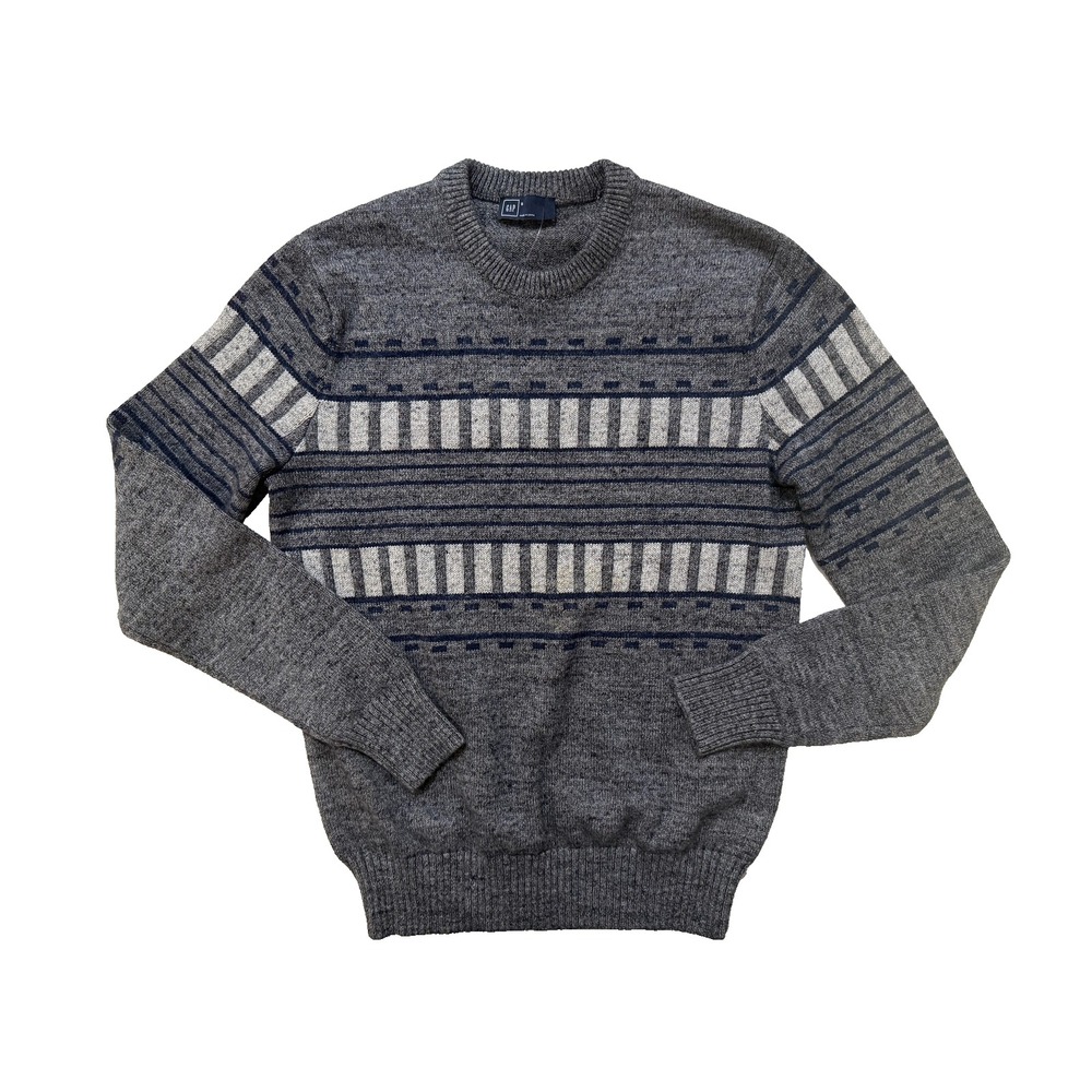 GAP Sweater Mens Small Gray Blue Fair Isle Stripe‎ Crewneck Knit Pullover NWT